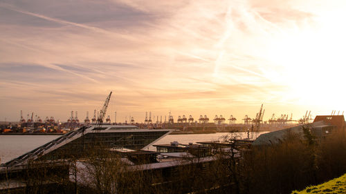 Panoramic view of cityscape against sky during sunset