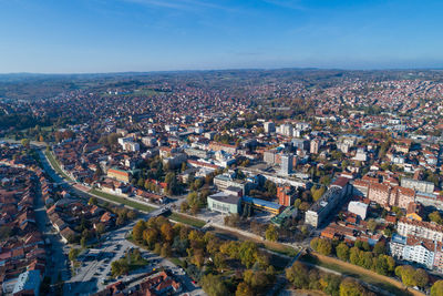 High angle shot of townscape against sky