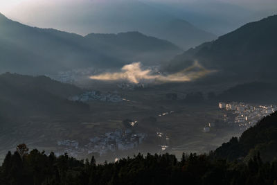 High angle view of mountains against sky