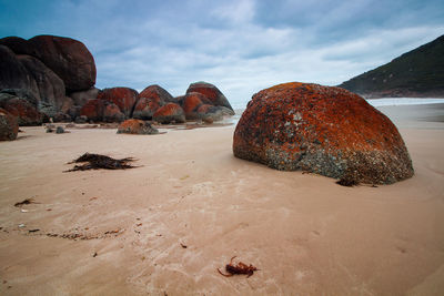 Rocks on sand at beach against sky