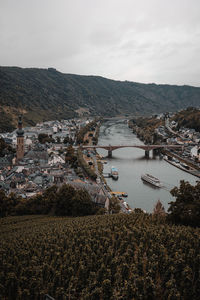 High angle view of river flowing amidst town