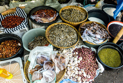 High angle view of fish for sale in market