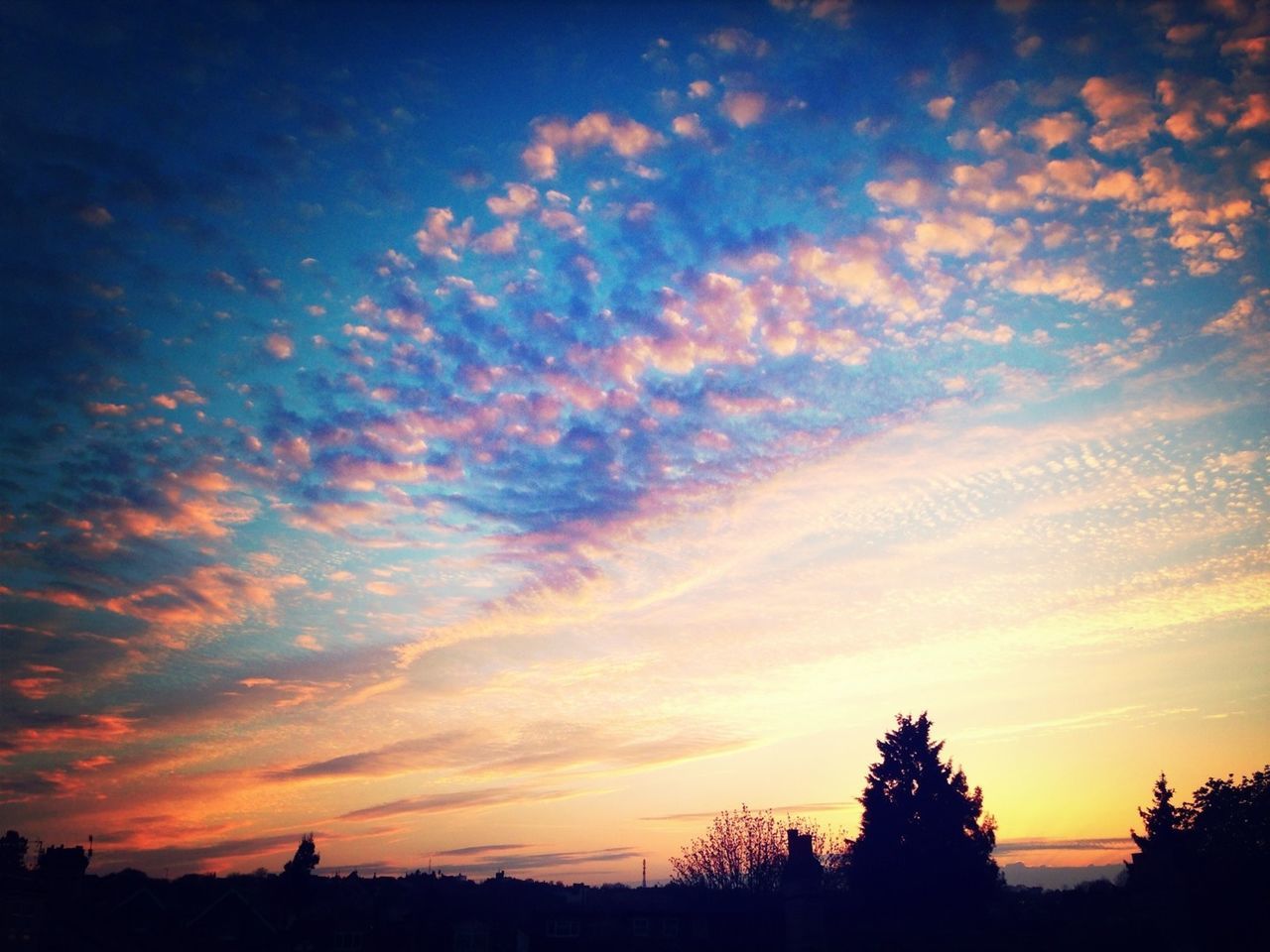 sunset, silhouette, sky, scenics, beauty in nature, tranquil scene, tranquility, tree, orange color, nature, idyllic, cloud - sky, landscape, dramatic sky, cloud, outdoors, low angle view, no people, outline, majestic