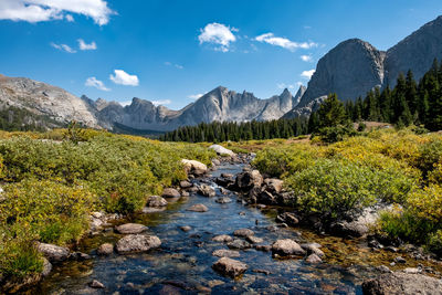 Scenic view of stream by mountains against sky