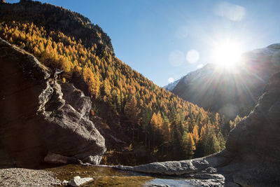 Scenic view of mountains against sky on sunny day