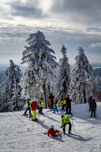 People skiing on snowcapped mountain against sky