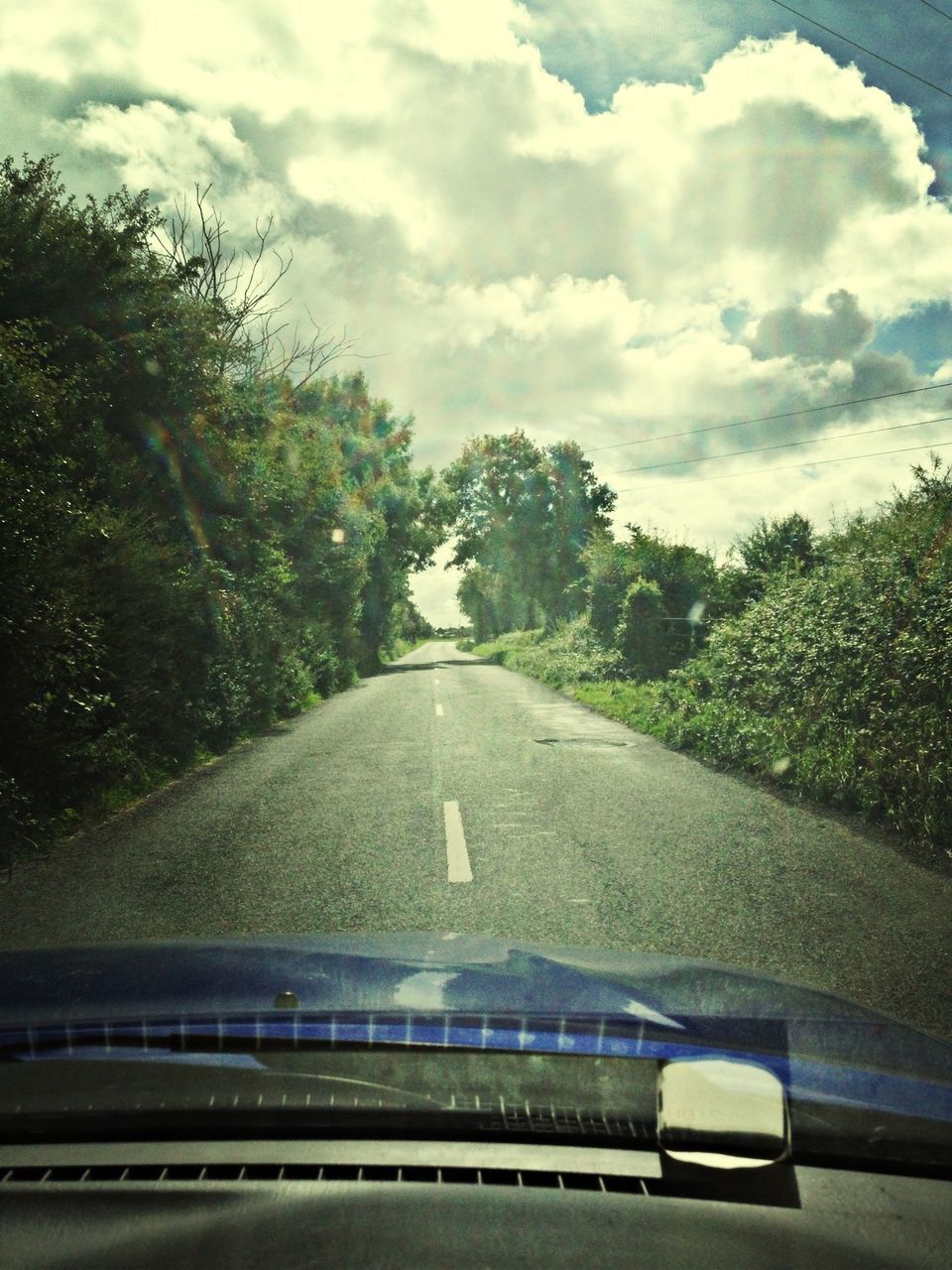 transportation, mode of transport, tree, car, road, windshield, vehicle interior, land vehicle, sky, glass - material, transparent, car interior, the way forward, cloud - sky, road marking, travel, on the move, diminishing perspective, car point of view, cloud