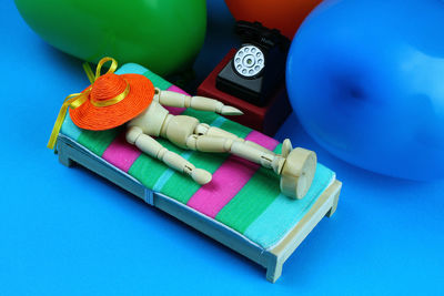 High angle view of toys on table