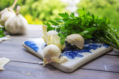 Close-up of chopped vegetables on cutting board