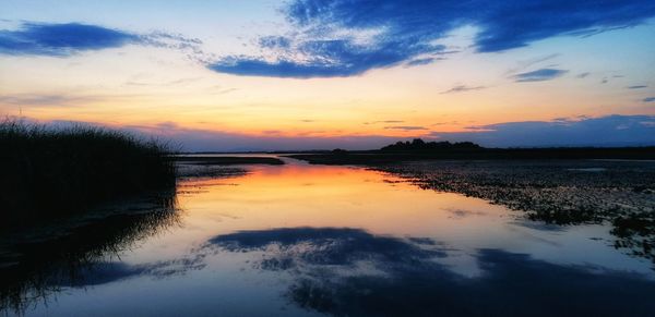 Scenic view of lake against sky during sunset