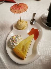 High angle view of dessert in plate on table