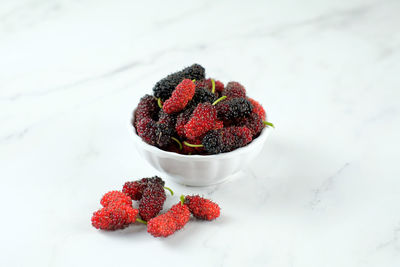 Close-up of strawberries in bowl on table