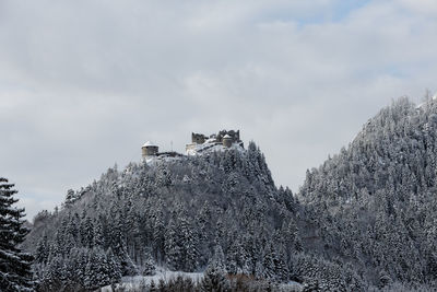 Low angle view of snow on mountain against sky