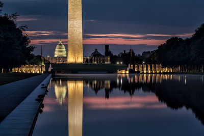 Reflection of building in lake at sunset