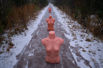 Human feet on snow covered footpath