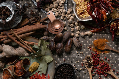 High angle view of chili peppers on table