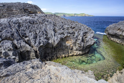 Rock formations in sea against sky