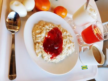 High angle view of breakfast served on table