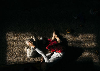 Overhead view of boy sleeping on rug with dog at home