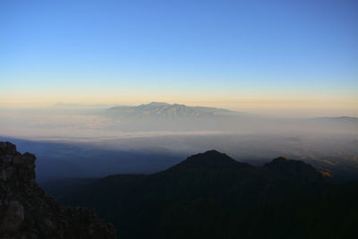 Scenic view of mountains against clear sky during sunset