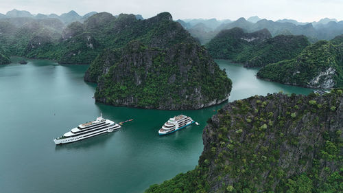 High angle view of boats in sea