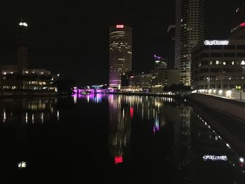 View of city lit up at night