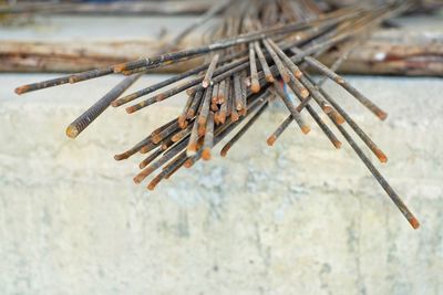 Reinforcement steel line on the concrete floor at the construction site