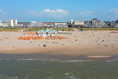 Aerial from the beach in noordwijk aan zee in the netherlands on a beautiful summer day