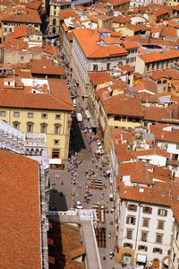 High angle view of residential buildings in city