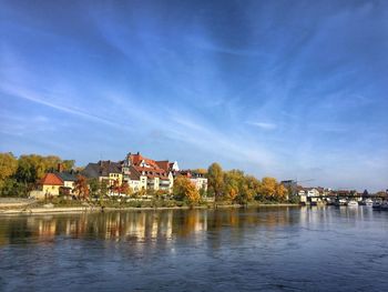 River by town against blue sky