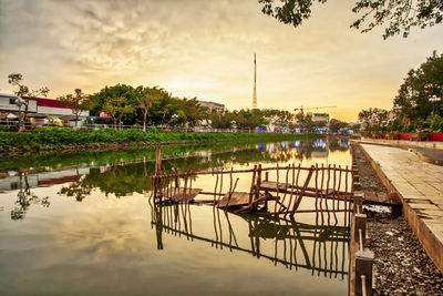 Scenic view of lake against sky at sunset