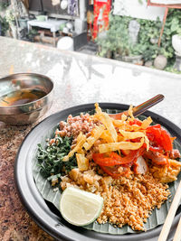 High angle view of meal served on table