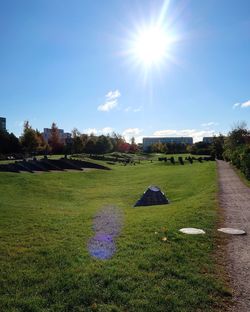 Sun shining on grassy landscape against blue sky on sunny day
