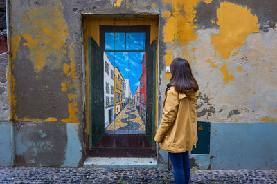 Rear view of woman looking at painting on door of building