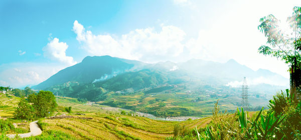Panoramic view of agricultural field against sky