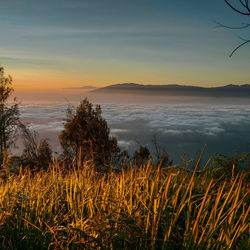 Scenic view of lake against sky during sunset