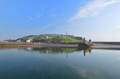 Building by lake against sky