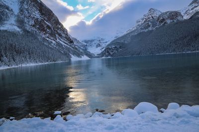 Scenic view of lake and mountains against sky