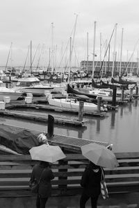 Sailboats moored at harbor against sky