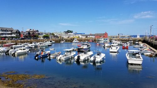 Sailboats moored at harbor in city against sky