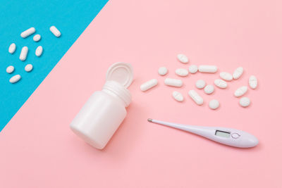 High angle view of objects on table