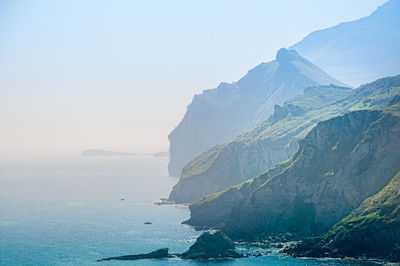 Scenic view of sea and mountains against clear sky