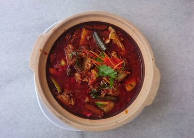 High angle view of soup in bowl on table