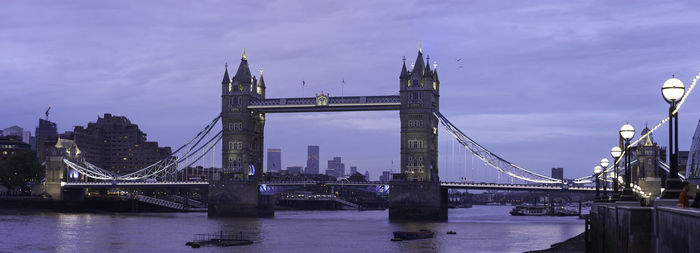 Bridge over river with city in background