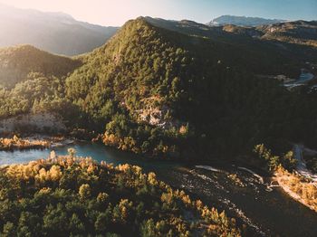 High angle view of lake and mountains