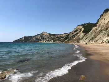 Scenic view of sea against clear blue sky