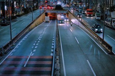 High angle view of traffic on road at night