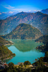 Scenic view of lake and mountains against sky