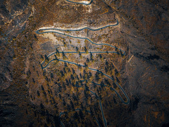 Winding road on mountain from directly above