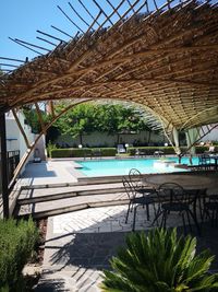 Plants by swimming pool against sky